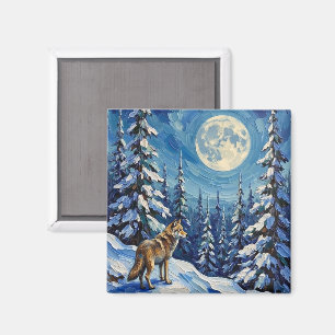 Vintage Wolf in Moonlit Winter Forest Christmas Magnet