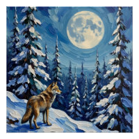 Vintage Wolf in Moonlit Winter Forest Christmas
