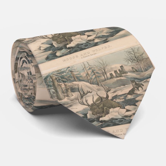 Vintage Wolf Pack Hunting a Moose Illustration Tie (Rolled)