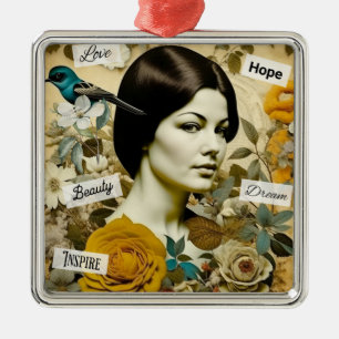 Vintage Woman and Bluebird Personalised Christmas Metal Tree Decoration