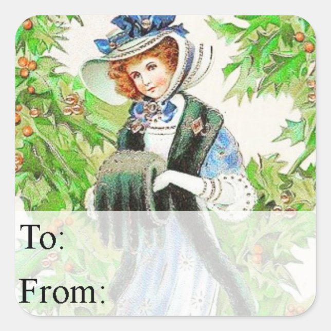 Vintage Woman and Holly Gift Tag (Front)