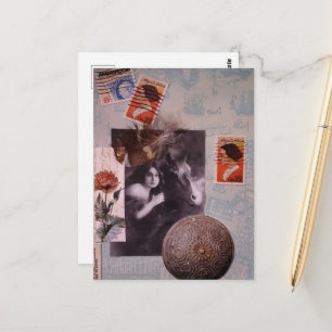 Vintage Woman and Horse Stamps Mixed Media Collage Postcard