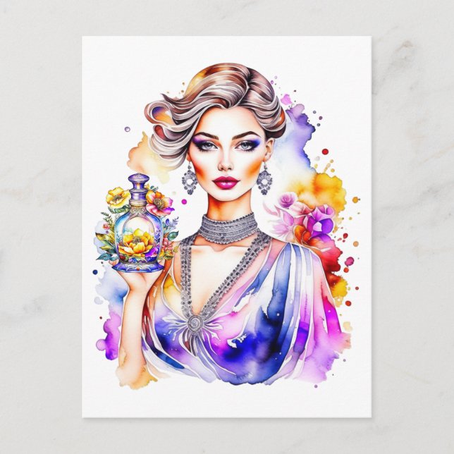 Vintage Woman and Perfume Bottle Postcard (Front)