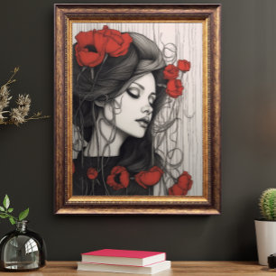 Vintage Woman and red poppy flower Botanical Poster