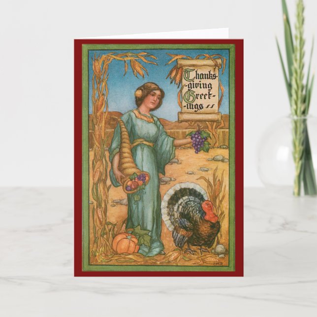 Vintage Woman And Turkey Thanksgiving Card (Front)