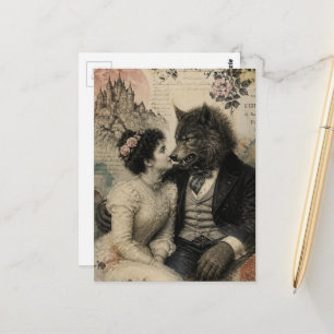 Vintage Woman and Werewolf in Love Collage Postcard