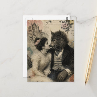 Vintage Woman and Werewolf in Love Collage Postcard