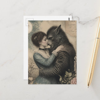 Vintage Woman and Werewolf in Love Postcard