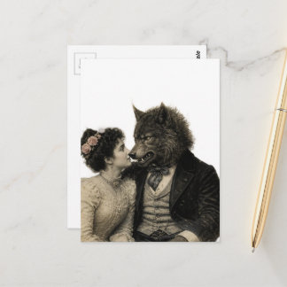Vintage Woman and Werewolf in Love Postcard