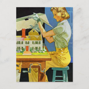 Vintage Woman Architect Miniature House Blueprints Postcard