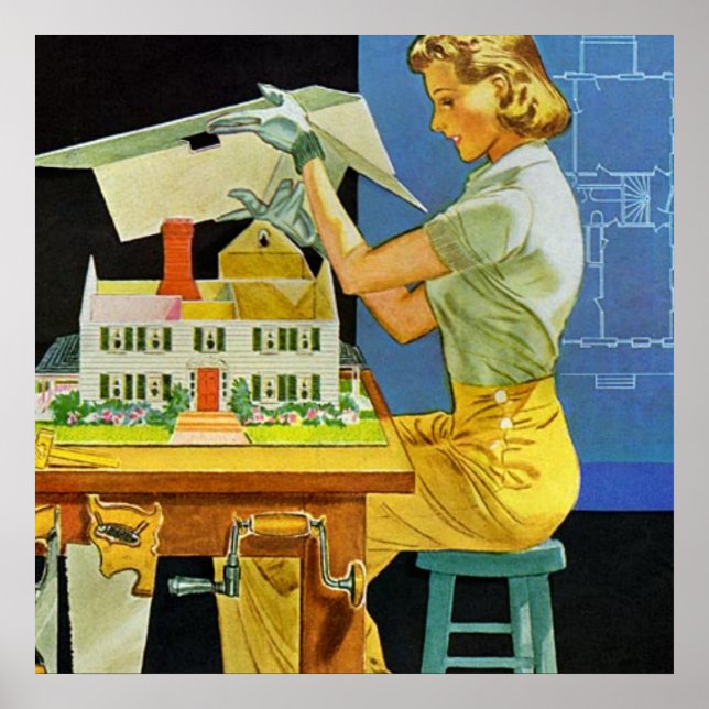 Vintage Woman Architect Miniature House Blueprints Poster (Front)