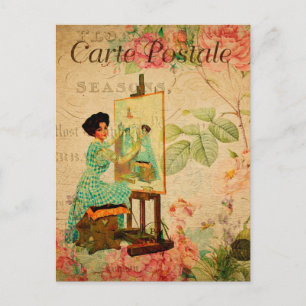 Vintage Woman Artist Sitting at Easel French Postcard