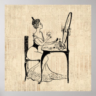 Vintage Woman at Vanity Makeup Desk Poster