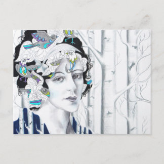 Vintage Woman Birch Trees Birds Postcard