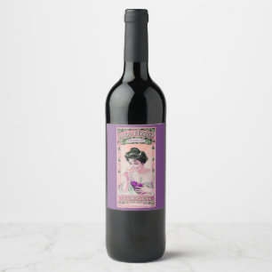 Vintage woman champange wine label purple pink
