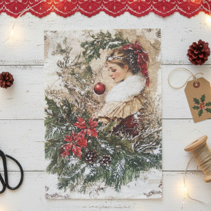 Vintage Woman Christmas Winter Aged Decoupage Tissue Paper