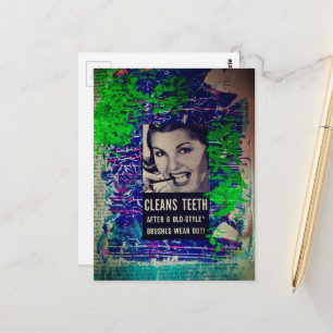 Vintage Woman Cleans teeth Mixed Media Collage Postcard