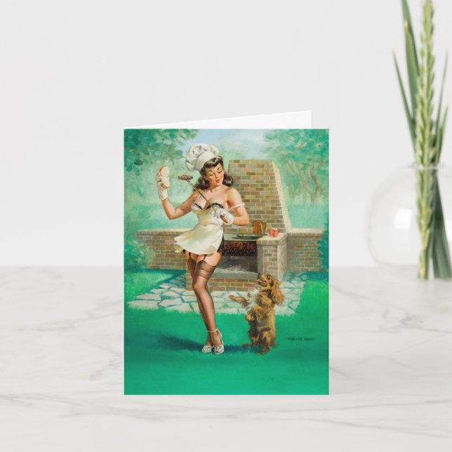 Vintage "Woman Cooking Out" Note Card (Front)