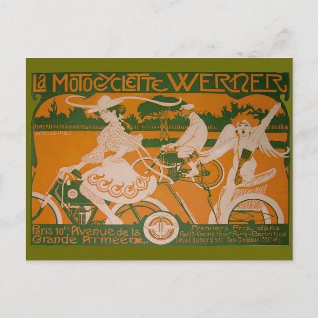 Vintage Woman Cycling with Cupid Postcard (Front)