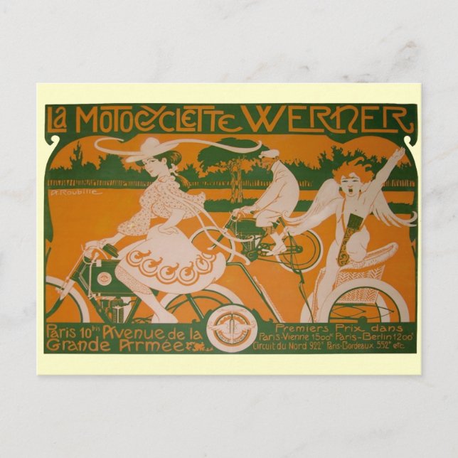 Vintage Woman Cycling with Cupid Postcard (Front)