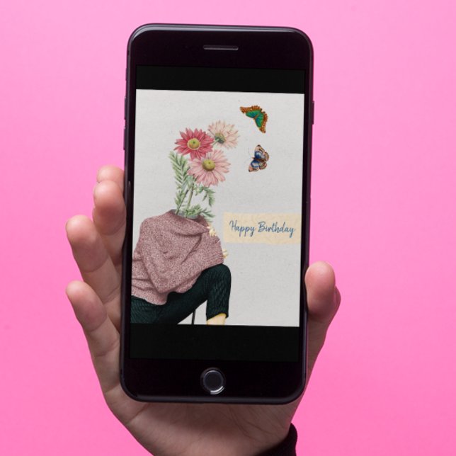 Vintage Woman Daisies Butterflies Happy Birthday Card (Instantly download a whimsical vintage card for daisy and butterfly lovers.)