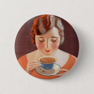 Vintage Woman Drinking Tea Painting Ad 6 Cm Round Badge