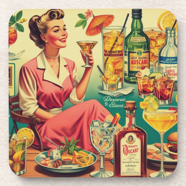 Vintage Woman Drinks Cocktails Illustration Coaster (Front)