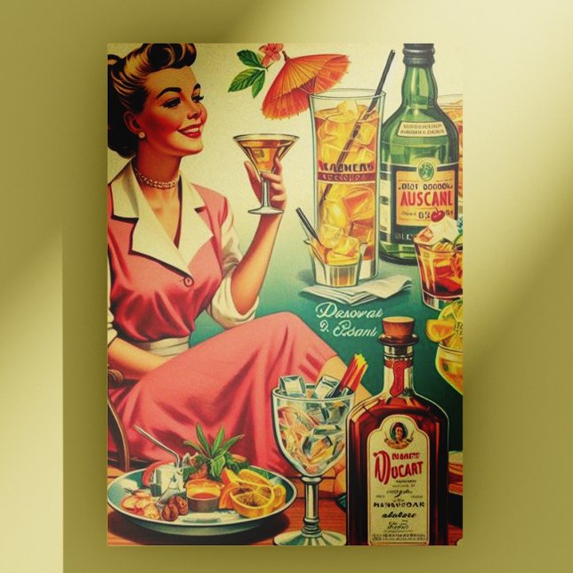 Vintage Woman Drinks Cocktails Illustration Postcard (Creator Uploaded)