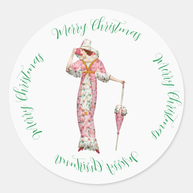 Vintage Woman Fashion & Christmas greeting Classic Round Sticker (Front)