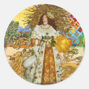 Vintage Woman Golden Sun: Leo Zodiac Collage Art Classic Round Sticker