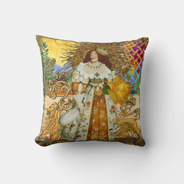 Vintage Woman Golden Sun: Leo Zodiac Collage Art Cushion (Front)
