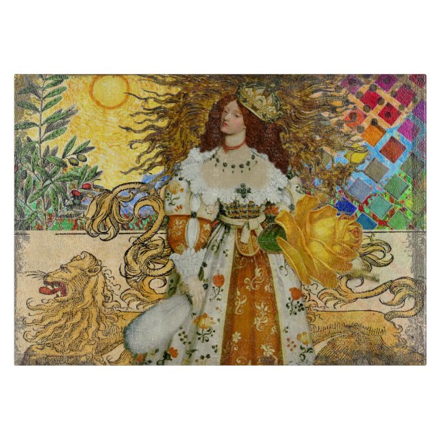 Vintage Woman Golden Sun: Leo Zodiac Collage Art Cutting Board (Front)