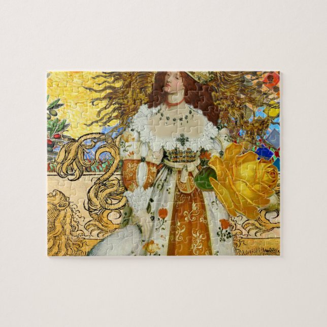 Vintage Woman Golden Sun: Leo Zodiac Collage Art Jigsaw Puzzle (Horizontal)