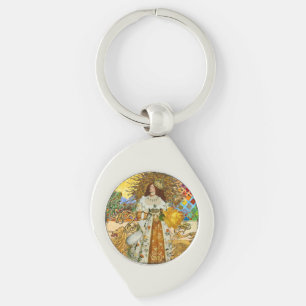 Vintage Woman Golden Sun: Leo Zodiac Collage Art Key Ring