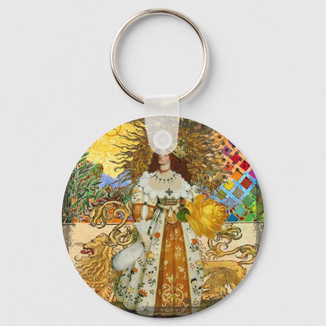 Vintage Woman Golden Sun: Leo Zodiac Collage Art Key Ring (Front)