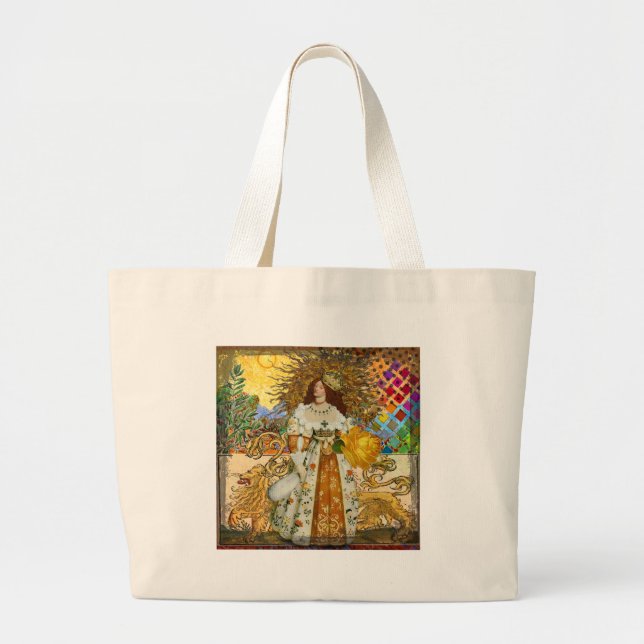 Vintage Woman Golden Sun: Leo Zodiac Collage Art Large Tote Bag (Front)