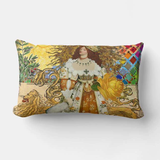Vintage Woman Golden Sun: Leo Zodiac Collage Art Lumbar Cushion (Front)