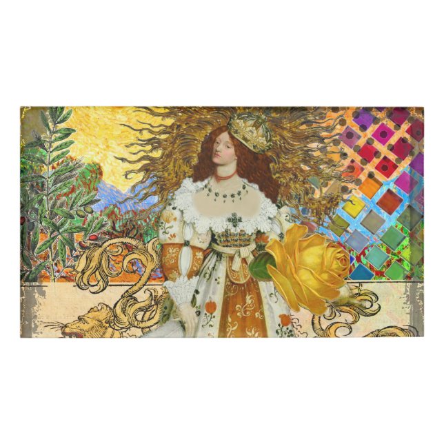 Vintage Woman Golden Sun: Leo Zodiac Collage Art Name Tag (Front)
