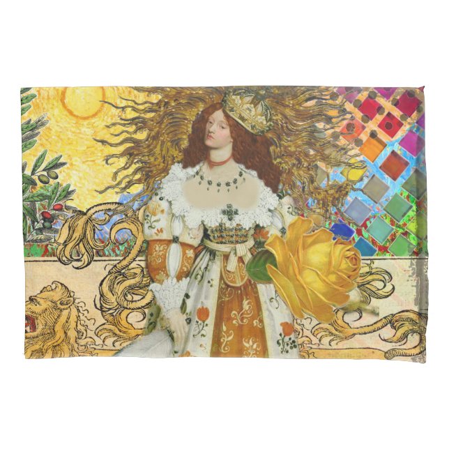 Vintage Woman Golden Sun: Leo Zodiac Collage Art Pillowcase (Front)