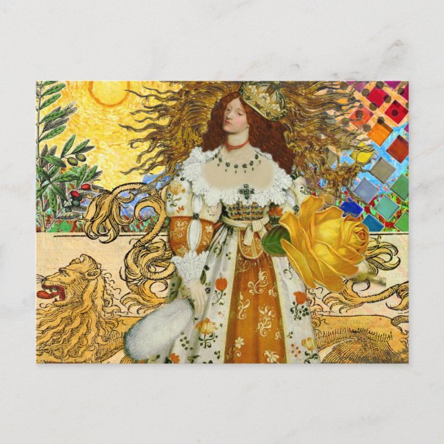 Vintage Woman Golden Sun: Leo Zodiac Collage Art Postcard (Front)