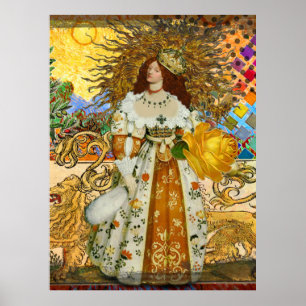 Vintage Woman Golden Sun: Leo Zodiac Collage Art Poster