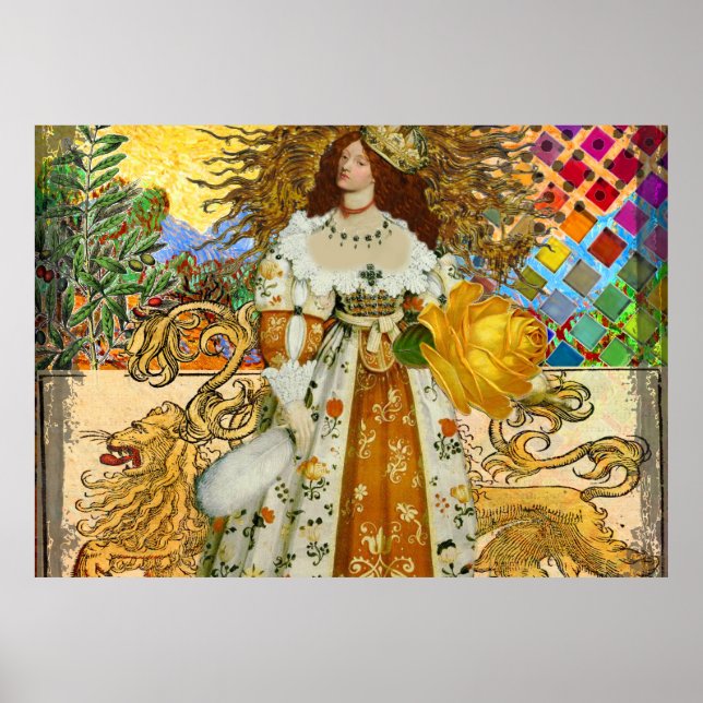 Vintage Woman Golden Sun: Leo Zodiac Collage Art Poster (Front)