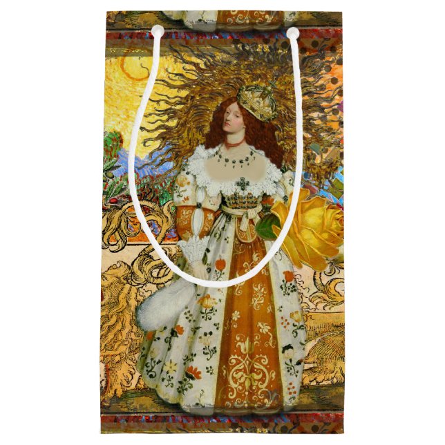 Vintage Woman Golden Sun: Leo Zodiac Collage Art Small Gift Bag (Front)