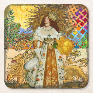 Vintage Woman Golden Sun: Leo Zodiac Collage Art Square Paper Coaster
