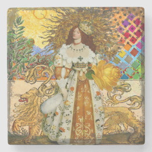 Vintage Woman Golden Sun: Leo Zodiac Collage Art Stone Coaster
