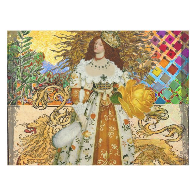 Vintage Woman Golden Sun: Leo Zodiac Collage Art Tablecloth (Front (Horizontal))