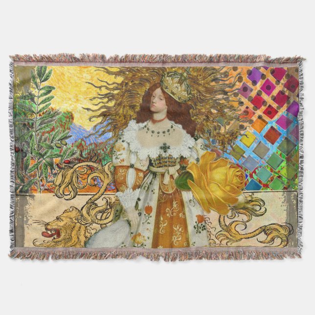 Vintage Woman Golden Sun: Leo Zodiac Collage Art Throw Blanket (Front)