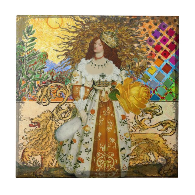 Vintage Woman Golden Sun: Leo Zodiac Collage Art Tile (Front)