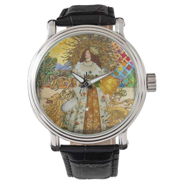 Vintage Woman Golden Sun: Leo Zodiac Collage Art Watch (Front)
