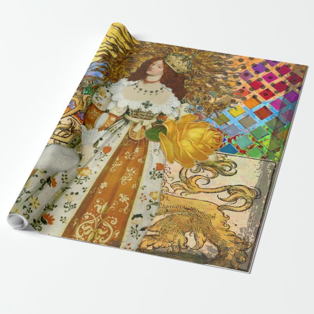 Vintage Woman Golden Sun: Leo Zodiac Collage Art Wrapping Paper (Unrolled)